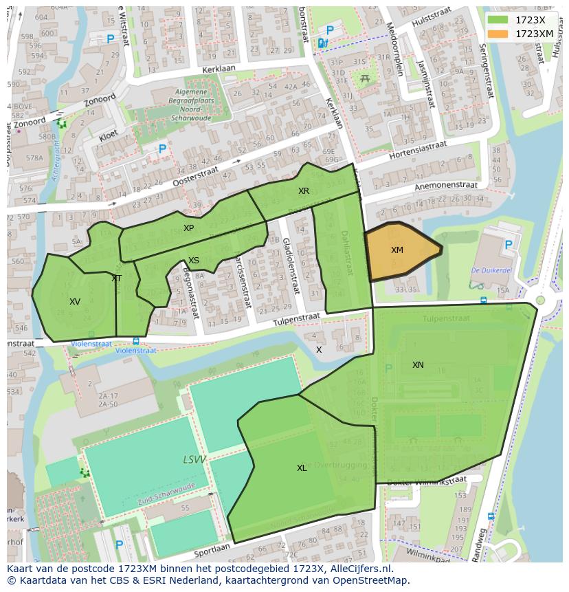 Afbeelding van het postcodegebied 1723 XM op de kaart.