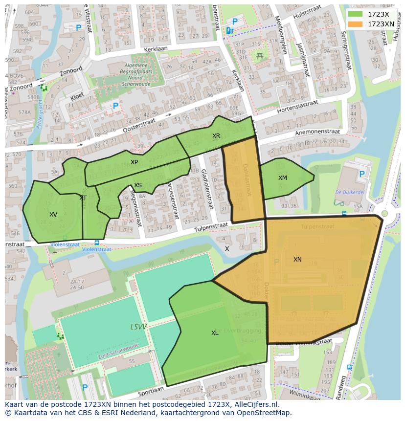Afbeelding van het postcodegebied 1723 XN op de kaart.