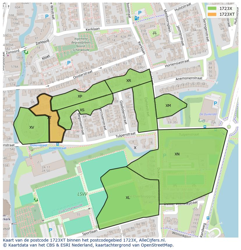 Afbeelding van het postcodegebied 1723 XT op de kaart.