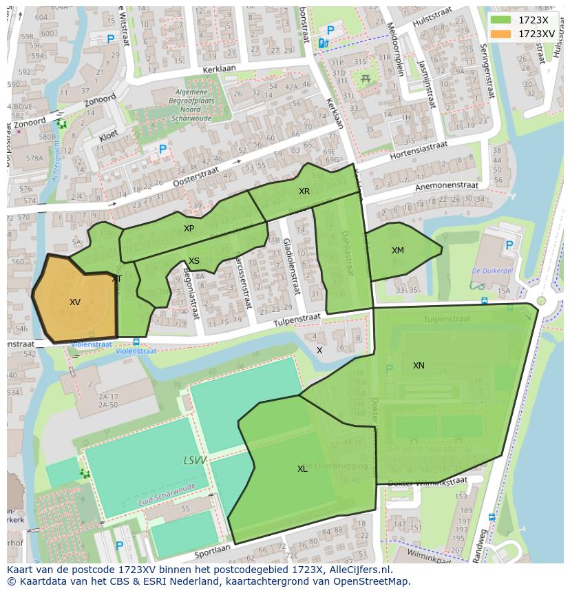 Afbeelding van het postcodegebied 1723 XV op de kaart.