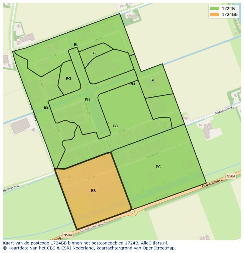 Afbeelding van het postcodegebied 1724 BB op de kaart.