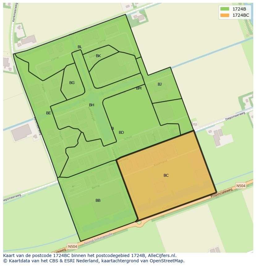 Afbeelding van het postcodegebied 1724 BC op de kaart.