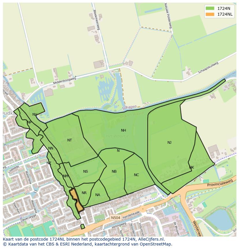 Afbeelding van het postcodegebied 1724 NL op de kaart.