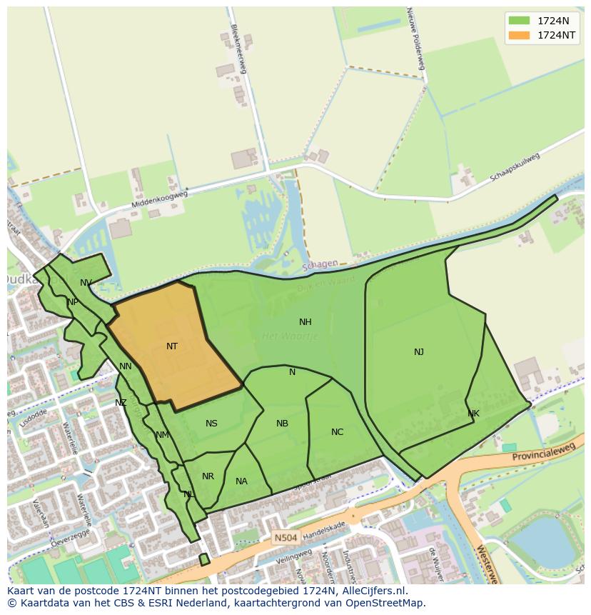 Afbeelding van het postcodegebied 1724 NT op de kaart.