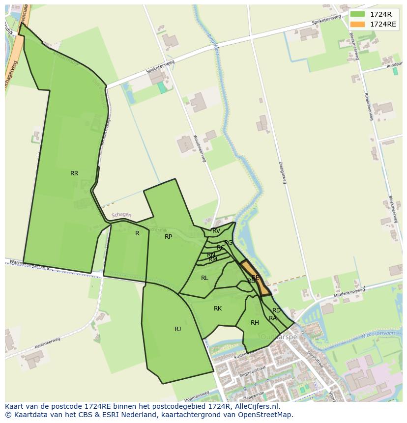 Afbeelding van het postcodegebied 1724 RE op de kaart.