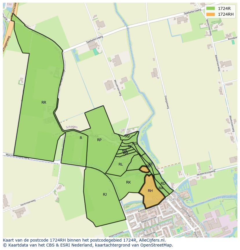Afbeelding van het postcodegebied 1724 RH op de kaart.