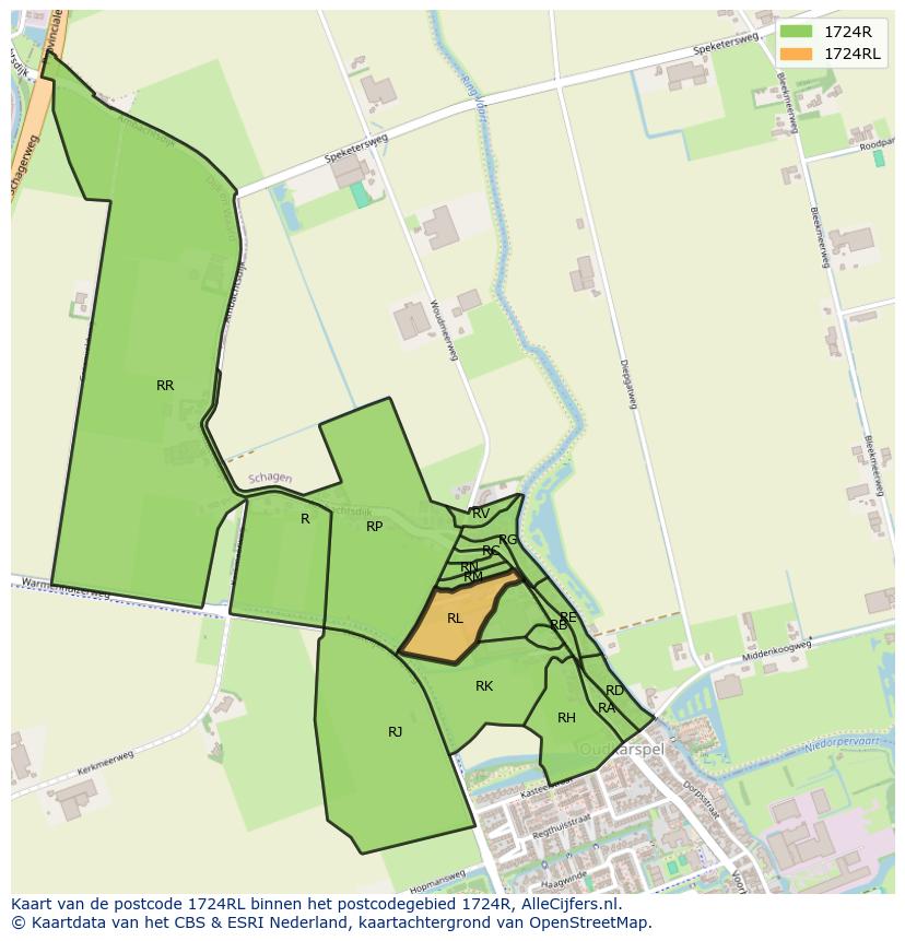 Afbeelding van het postcodegebied 1724 RL op de kaart.