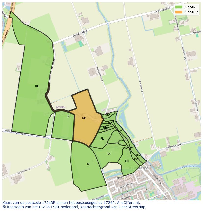 Afbeelding van het postcodegebied 1724 RP op de kaart.