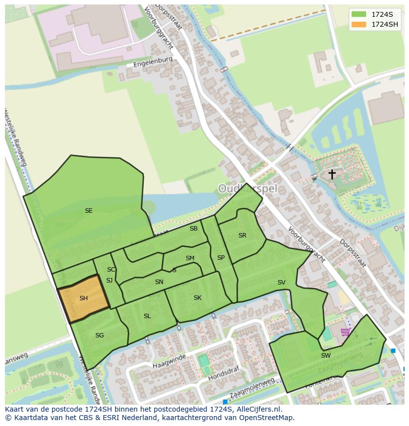 Afbeelding van het postcodegebied 1724 SH op de kaart.