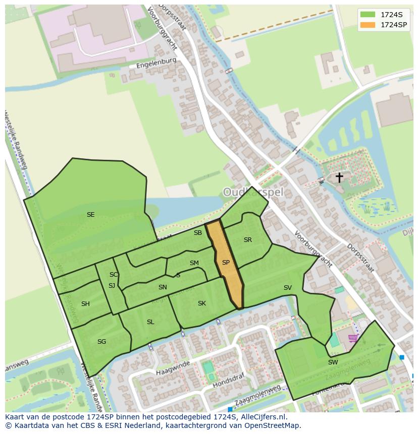 Afbeelding van het postcodegebied 1724 SP op de kaart.
