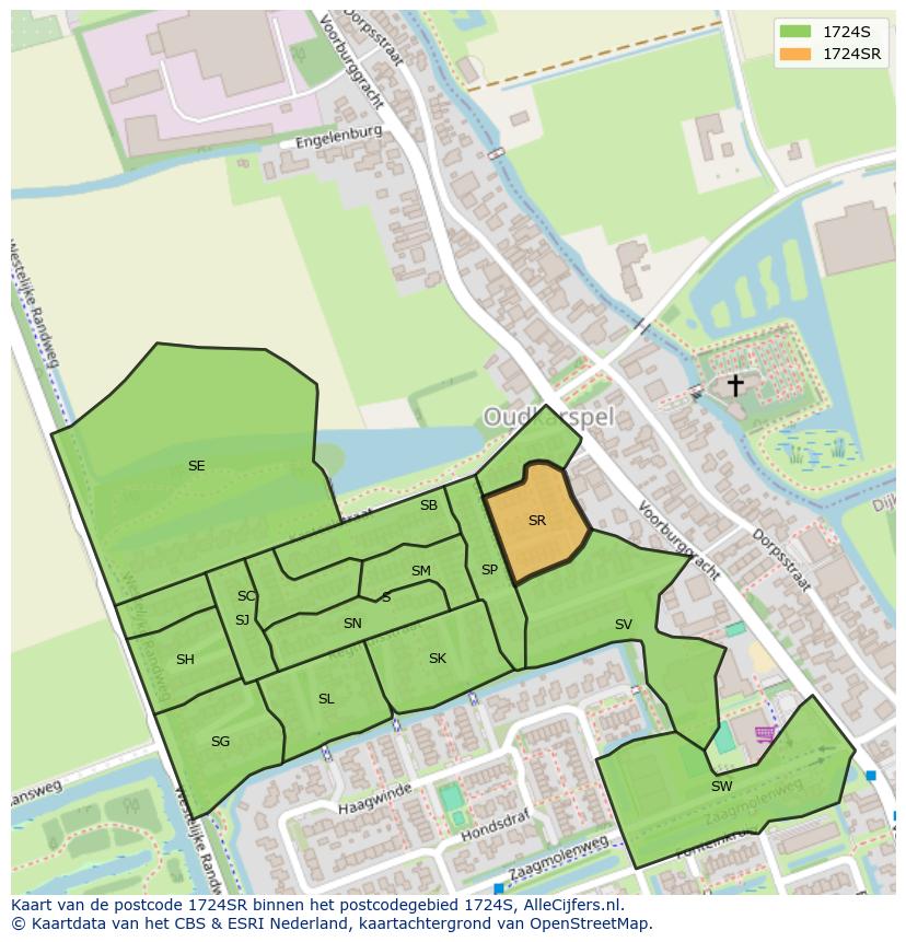 Afbeelding van het postcodegebied 1724 SR op de kaart.
