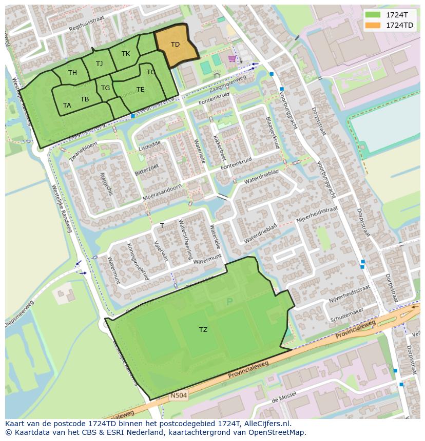 Afbeelding van het postcodegebied 1724 TD op de kaart.