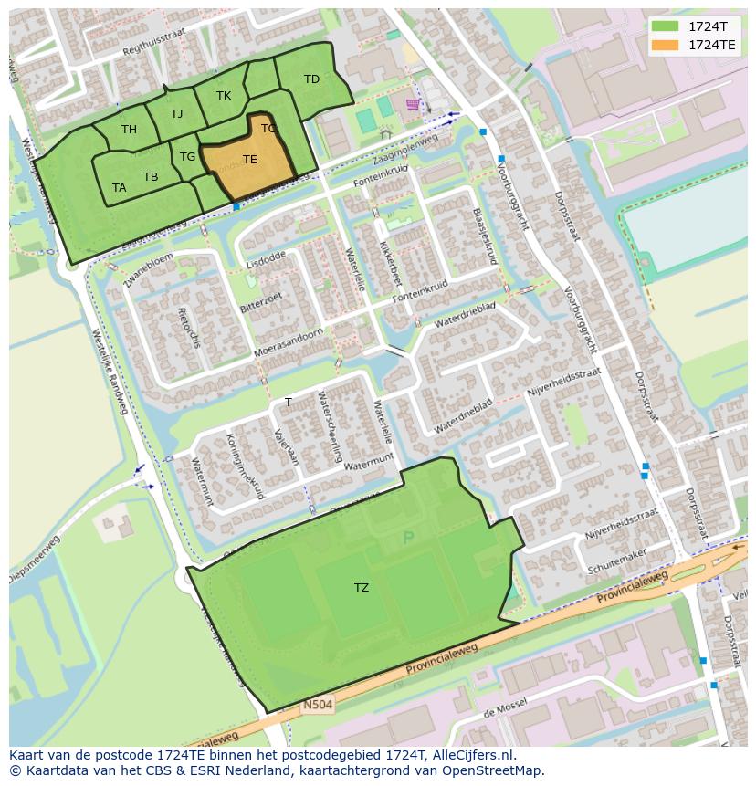 Afbeelding van het postcodegebied 1724 TE op de kaart.