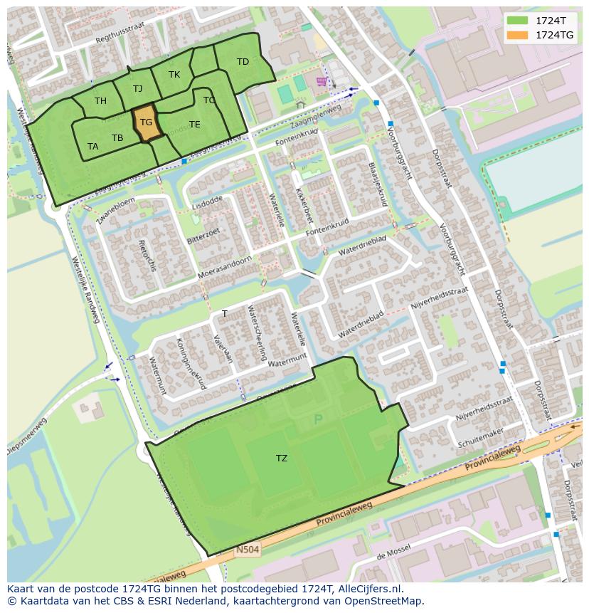 Afbeelding van het postcodegebied 1724 TG op de kaart.