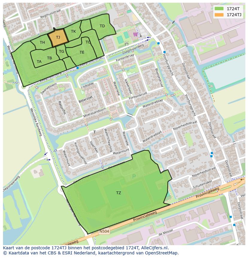 Afbeelding van het postcodegebied 1724 TJ op de kaart.