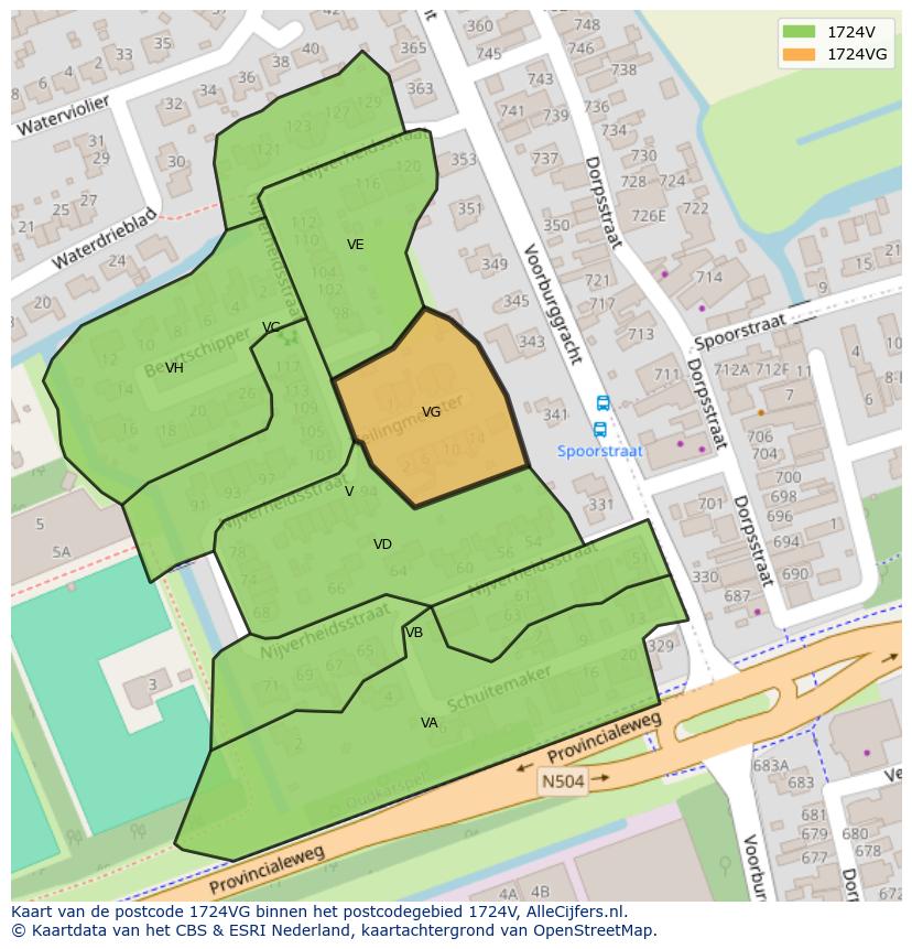 Afbeelding van het postcodegebied 1724 VG op de kaart.