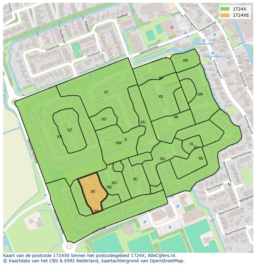 Afbeelding van het postcodegebied 1724 XE op de kaart.