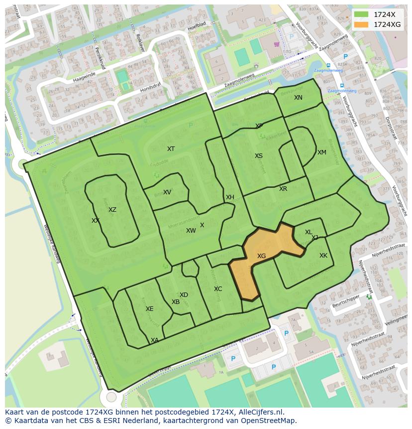 Afbeelding van het postcodegebied 1724 XG op de kaart.