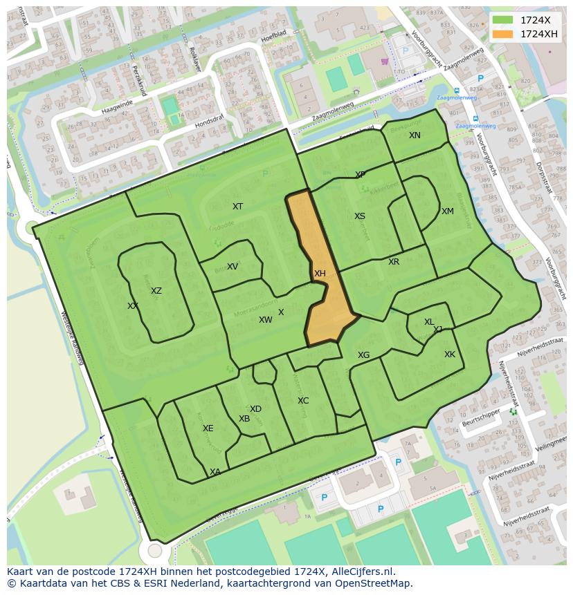 Afbeelding van het postcodegebied 1724 XH op de kaart.