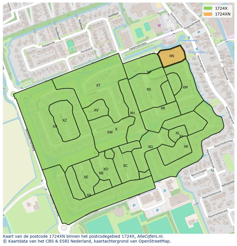 Afbeelding van het postcodegebied 1724 XN op de kaart.