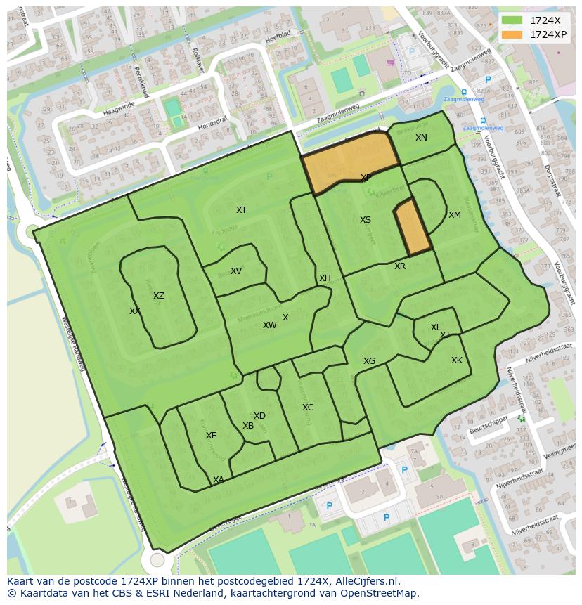 Afbeelding van het postcodegebied 1724 XP op de kaart.
