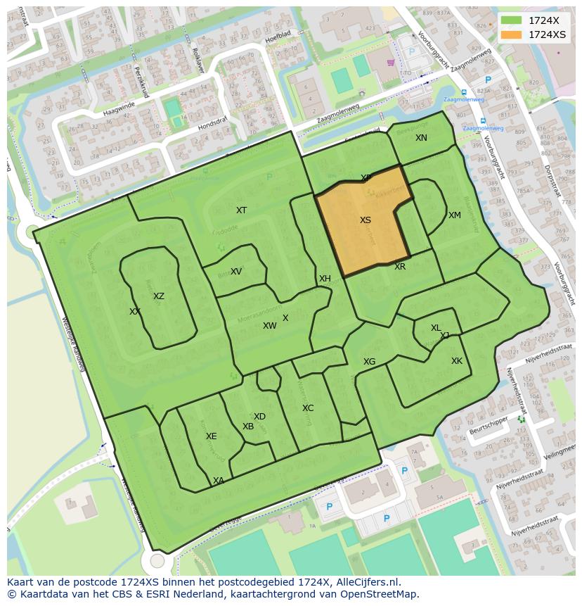 Afbeelding van het postcodegebied 1724 XS op de kaart.
