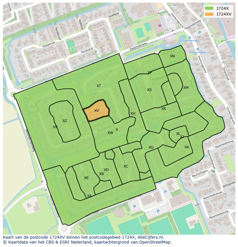 Afbeelding van het postcodegebied 1724 XV op de kaart.