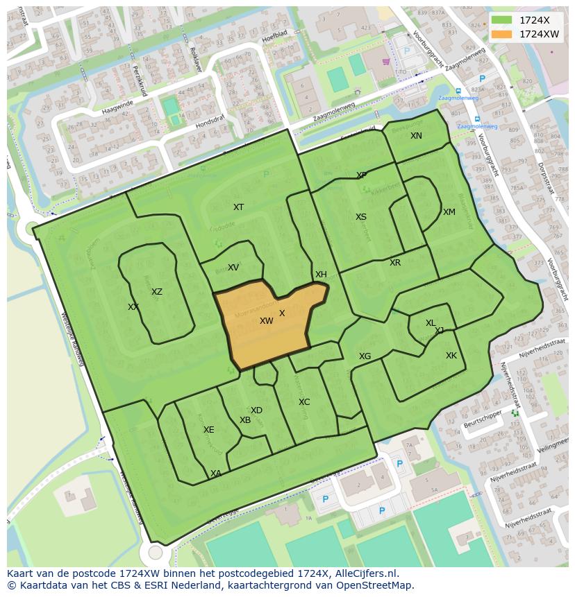Afbeelding van het postcodegebied 1724 XW op de kaart.