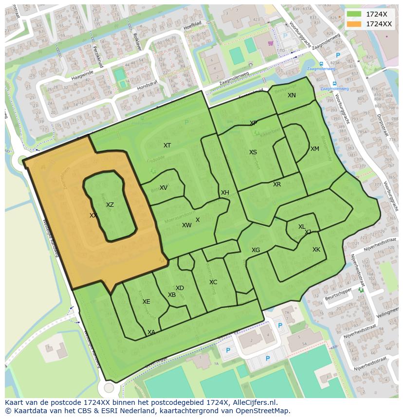 Afbeelding van het postcodegebied 1724 XX op de kaart.
