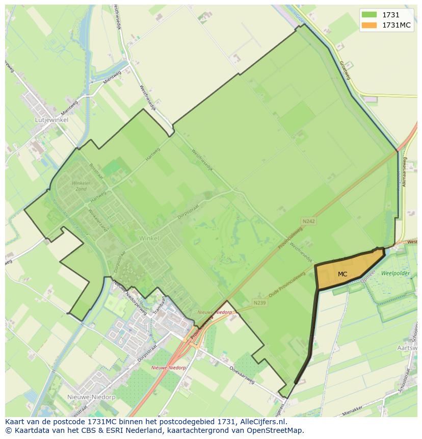 Afbeelding van het postcodegebied 1731 MC op de kaart.