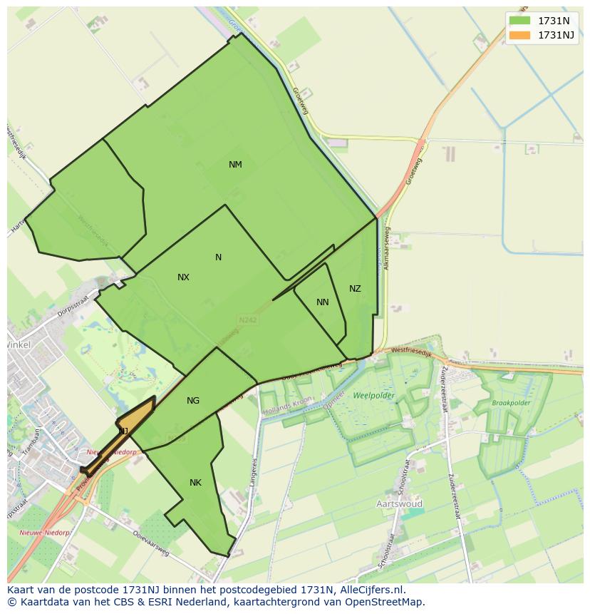 Afbeelding van het postcodegebied 1731 NJ op de kaart.
