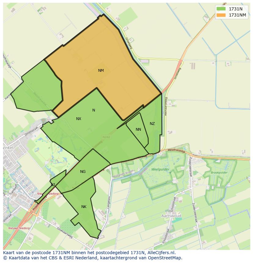 Afbeelding van het postcodegebied 1731 NM op de kaart.