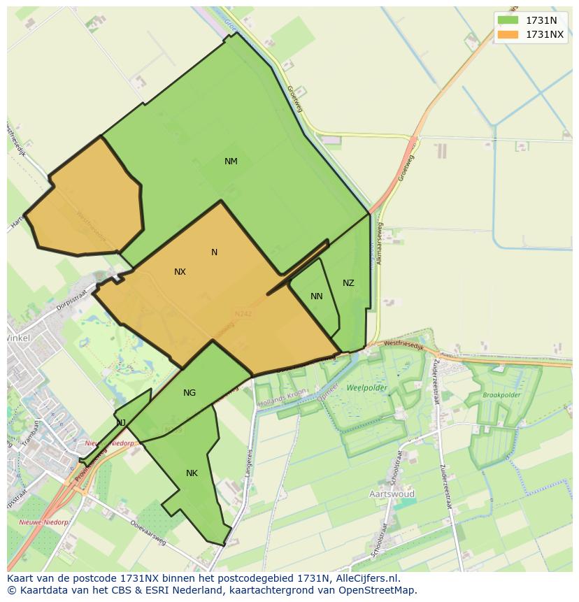 Afbeelding van het postcodegebied 1731 NX op de kaart.