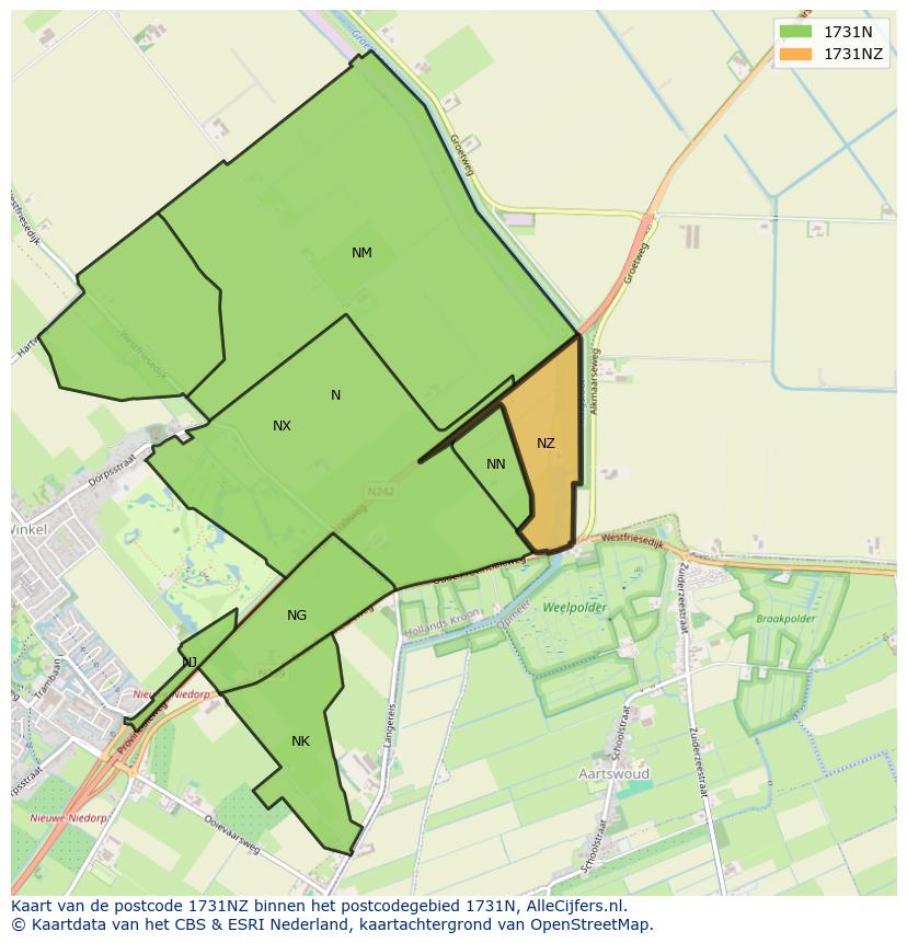 Afbeelding van het postcodegebied 1731 NZ op de kaart.