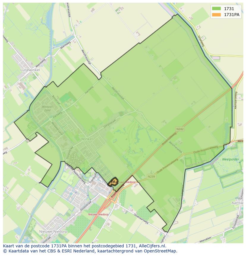 Afbeelding van het postcodegebied 1731 PA op de kaart.