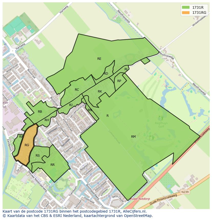 Afbeelding van het postcodegebied 1731 RG op de kaart.