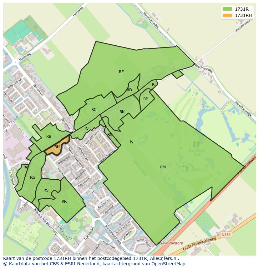 Afbeelding van het postcodegebied 1731 RH op de kaart.