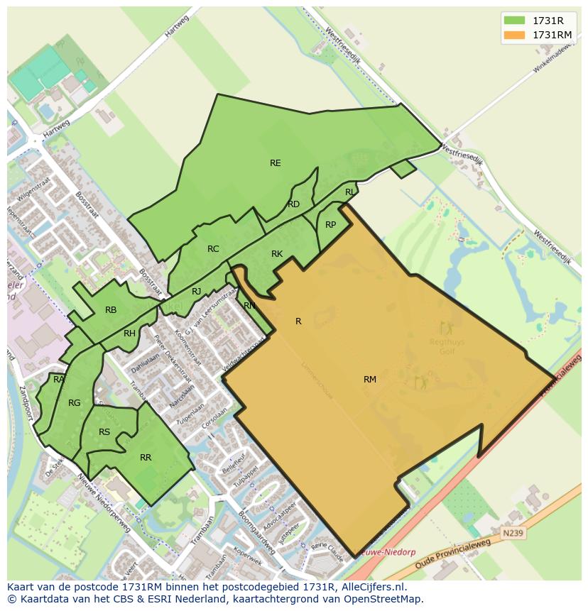 Afbeelding van het postcodegebied 1731 RM op de kaart.