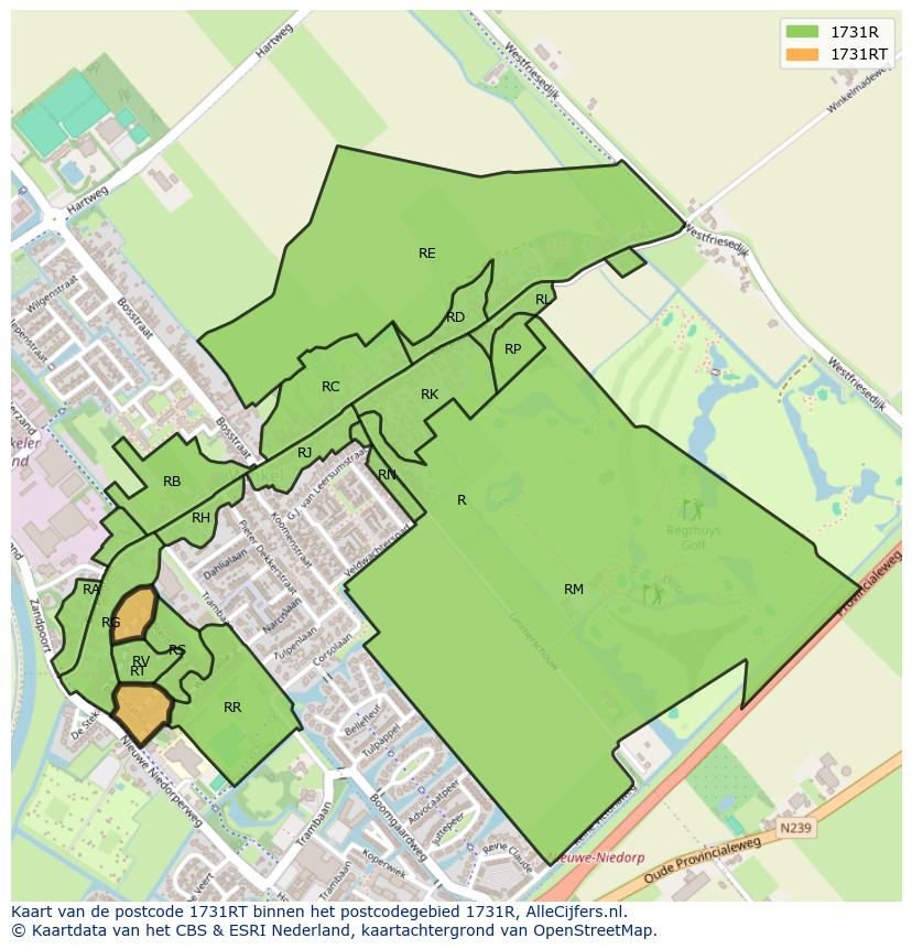 Afbeelding van het postcodegebied 1731 RT op de kaart.