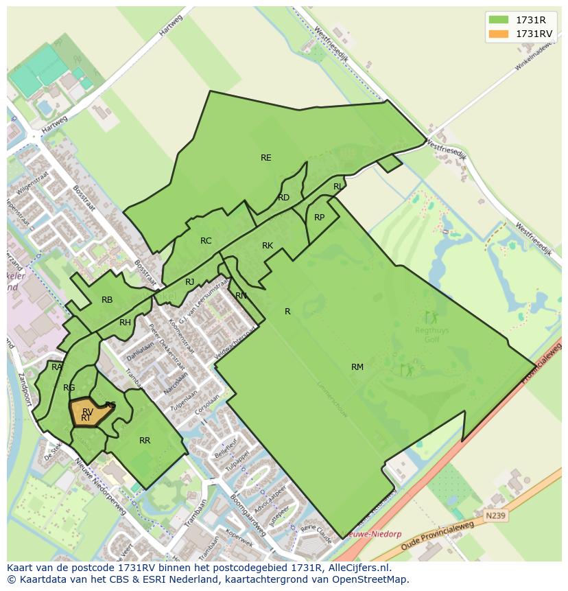 Afbeelding van het postcodegebied 1731 RV op de kaart.