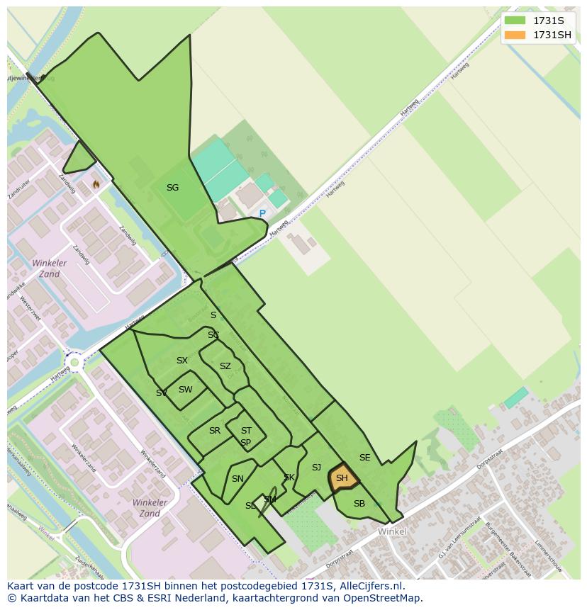 Afbeelding van het postcodegebied 1731 SH op de kaart.