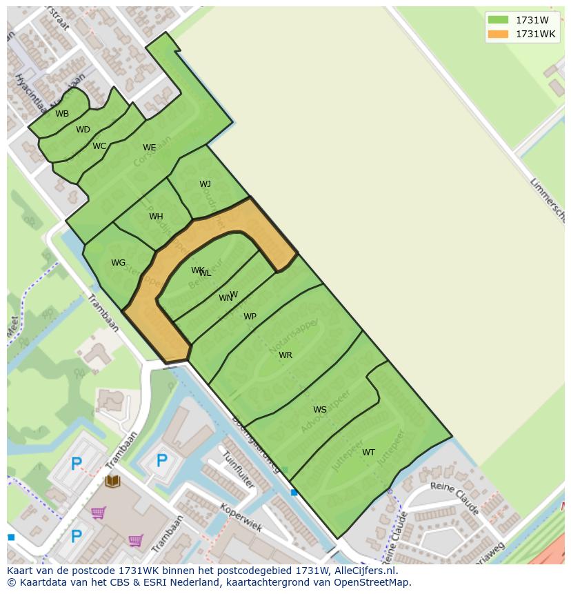 Afbeelding van het postcodegebied 1731 WK op de kaart.