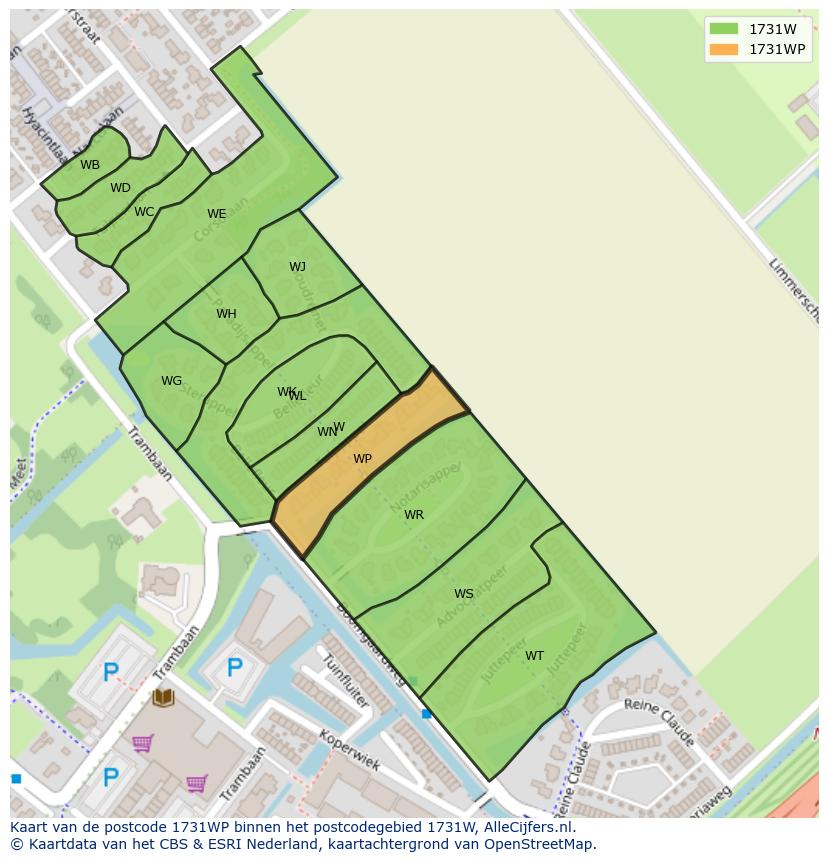 Afbeelding van het postcodegebied 1731 WP op de kaart.