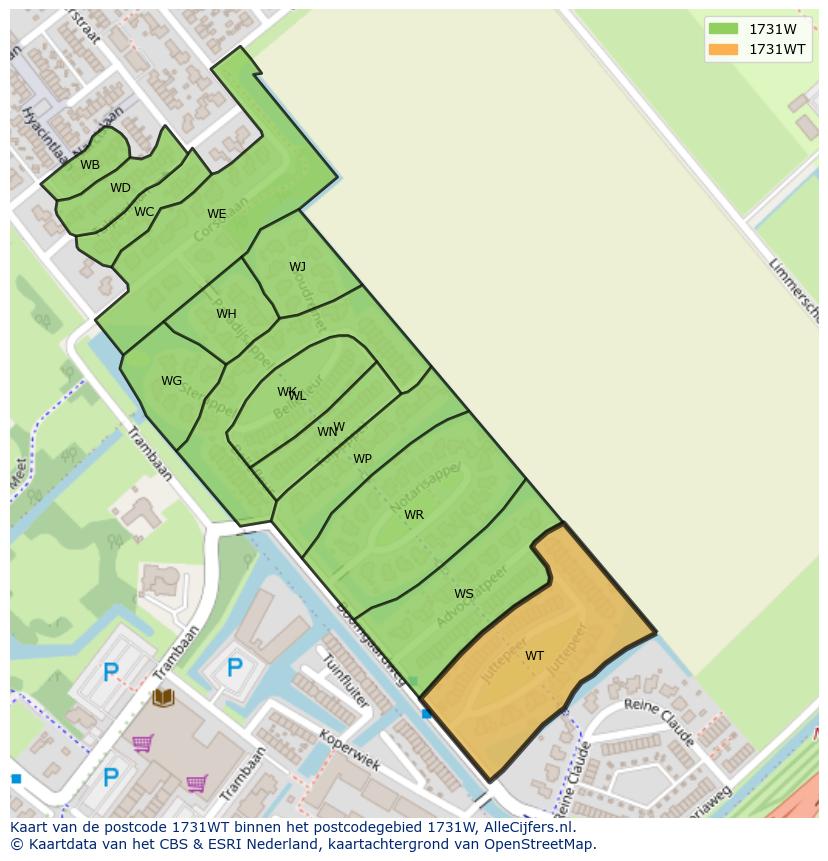 Afbeelding van het postcodegebied 1731 WT op de kaart.