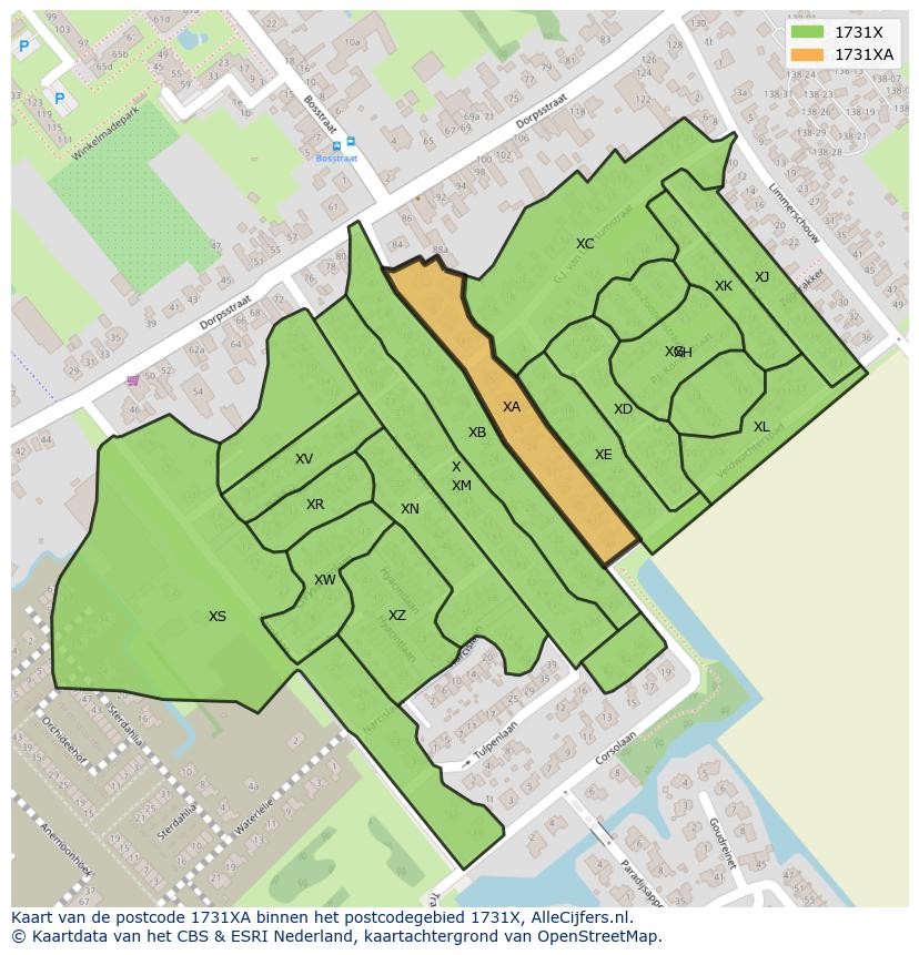 Afbeelding van het postcodegebied 1731 XA op de kaart.