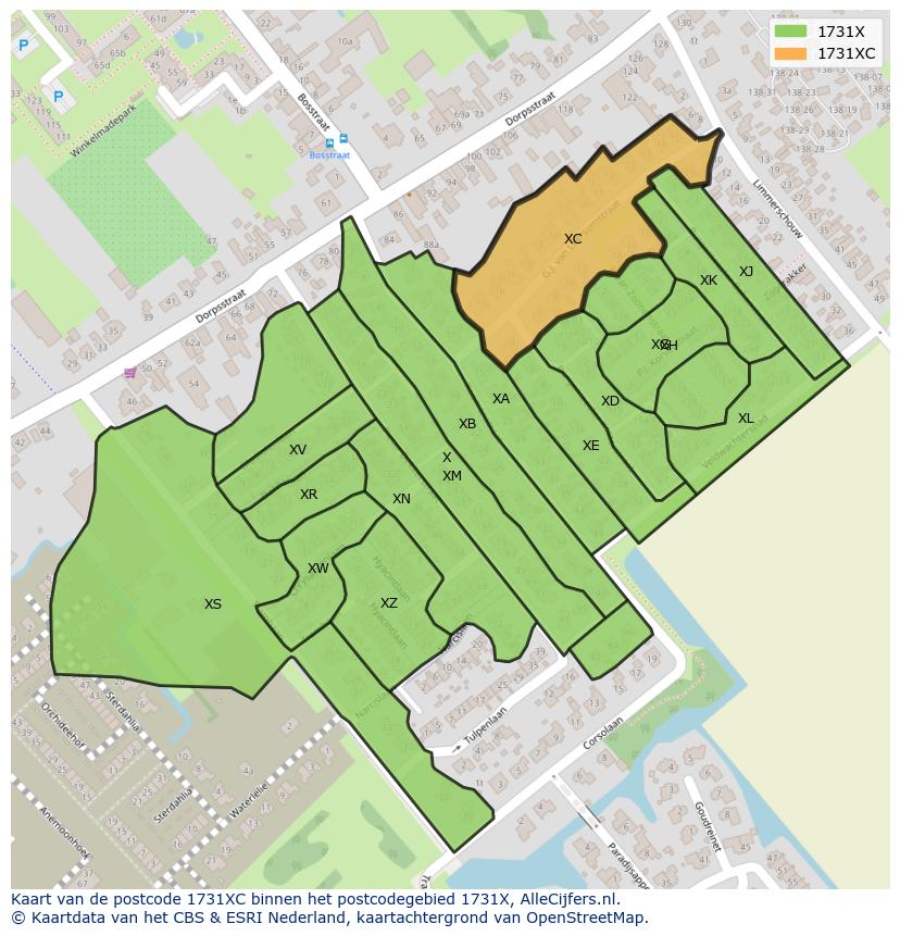 Afbeelding van het postcodegebied 1731 XC op de kaart.