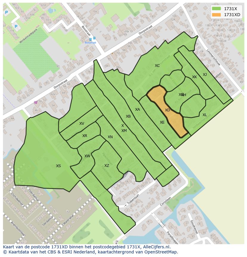 Afbeelding van het postcodegebied 1731 XD op de kaart.