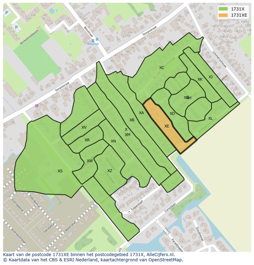 Afbeelding van het postcodegebied 1731 XE op de kaart.