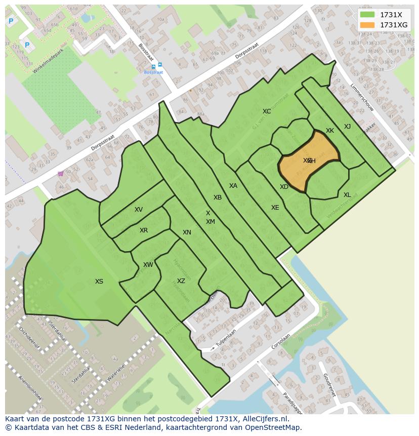 Afbeelding van het postcodegebied 1731 XG op de kaart.