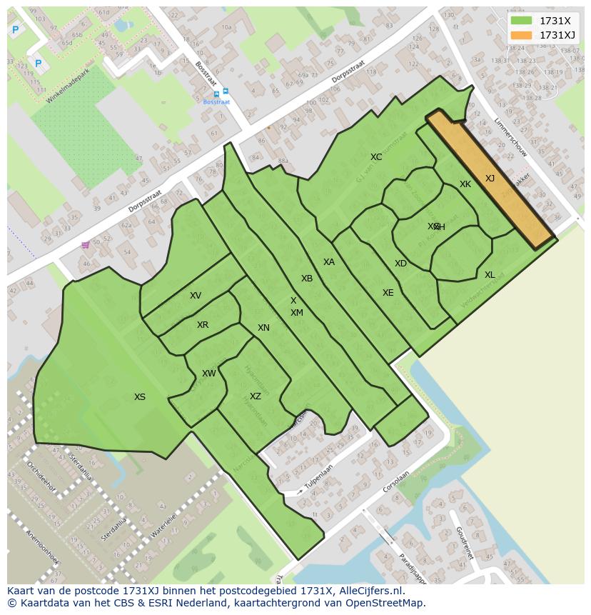 Afbeelding van het postcodegebied 1731 XJ op de kaart.
